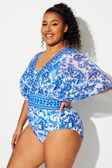 Blue & White Porcelain Mesh Patchwork One Piece Swimsuit