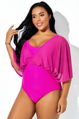 Magenta Mesh Patchwork Sleeves One Piece Swimsuit