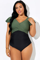 Green & Black Gathered Ruffle Sleeve One Piece Swimsuit