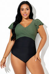 Green & Black Gathered Ruffle Sleeve One Piece Swimsuit