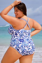 Blue & White Porcelain Patterned One Piece Swimsuit