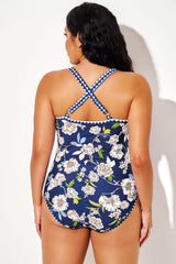 Large Beige Floral V-Neck One Piece Swimsuit