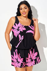 Pink Floral Print Pockets One Piece Swimsuit