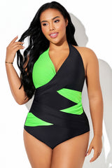 Black & Fluorescent Green Elegant Halter One Piece Swimsuit