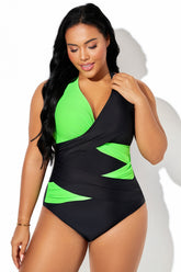 Black & Fluorescent Green Elegant Halter One Piece Swimsuit