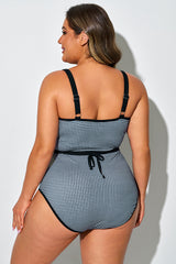 Black & White Plaid Spaghetti Strap Lace-Up One Piece Swimsuit