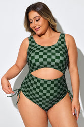 Green Check Front & Back Cutout One Piece Swimsuit