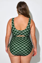 Green Check Front & Back Cutout One Piece Swimsuit