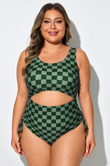 Green Check Front & Back Cutout One Piece Swimsuit