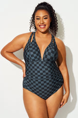 Black Check Shoulder Cutout One Piece Swimsuit