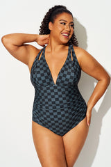 Black Check Shoulder Cutout One Piece Swimsuit