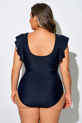 Black Mesh Cross One Piece Swimsuit With Ruffle Trim