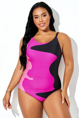 Pink & Black Tricolor Colorblock One Piece Swimsuit