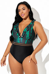 Black & Green Ruffle Sleeve Mesh One Piece Swimsuit