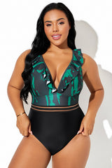 Black & Green Ruffle Sleeve Mesh One Piece Swimsuit