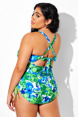 Green Floral Crisscross Tie Back Drawstring One Piece Swimsuit