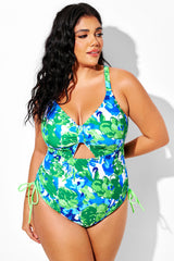 Green Floral Crisscross Tie Back Drawstring One Piece Swimsuit