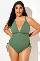 Green V-Neck Both Side Drawstring One Piece Swimsuit