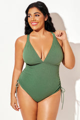 Green V-Neck Both Side Drawstring One Piece Swimsuit