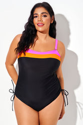 Colorblock Striped One Piece Swimsuit With Drawstring