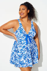 Porcelain Blue Floral Tie Front V-Neck Swimdress