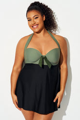 Black & Green Bow Classic Halter Swimdress