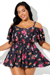 Multi Floral Print Cold Shoulder Ruffle Trim Swimdress