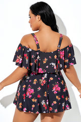 Multi Floral Print Cold Shoulder Ruffle Trim Swimdress