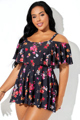 Multi Floral Print Cold Shoulder Ruffle Trim Swimdress