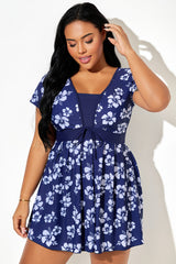 Elegant Hibiscus Print Short Sleeve Women Swimdress