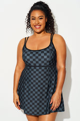 Black Check Double Shoulder Straps Flowy Swimdress