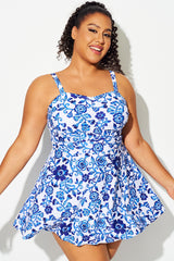 Porcelain Blue Floral Ruched Empire Waist Swimdress