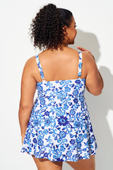 Porcelain Blue Floral Ruched Empire Waist Swimdress