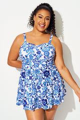 Porcelain Blue Floral Ruched Empire Waist Swimdress