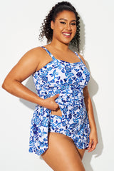 Porcelain Blue Floral Ruched Empire Waist Swimdress