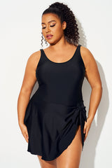 Black Irregular Hem Tummy Control Swimdress
