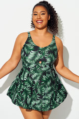 Green Palm Leaf Hollow Out V-Neck Swimdress