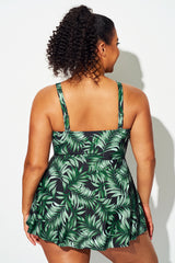 Green Palm Leaf Hollow Out V-Neck Swimdress