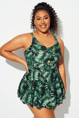 Green Palm Leaf Hollow Out V-Neck Swimdress