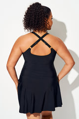 Black Tie Hem Crisscross Back Control Tummy Swimdress