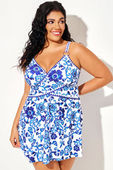 Porcelain Blue Floral Print Buckle Hoop Swimdress