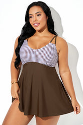 Brown Check Double-Loop Strap Elegant Swimdress