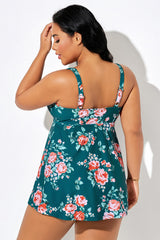 Floral On Green Background Double-Loop Strap Swimdress