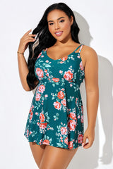 Floral On Green Background Double-Loop Strap Swimdress