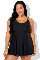 Black V-Neck Double Loop Strap Swimdress