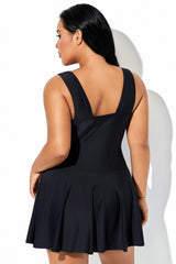 Black V-Neck Built-In Brief Sport Swimdress