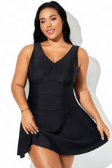 Black V-Neck Built-In Brief Sport Swimdress