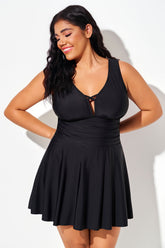 Black Wide Strap Deep V-Neck Swimdress