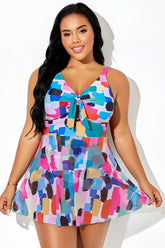 Colorful Block Knot Front Adjustable Strap Swimdress