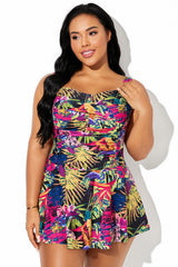 Belly Ruched Ruffle Hem Tropical Print Swimdress